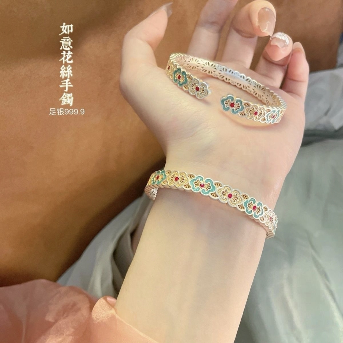 足银手镯 Y14轻奢手镯女实心开口珐琅花见青手环时尚新中式高级感