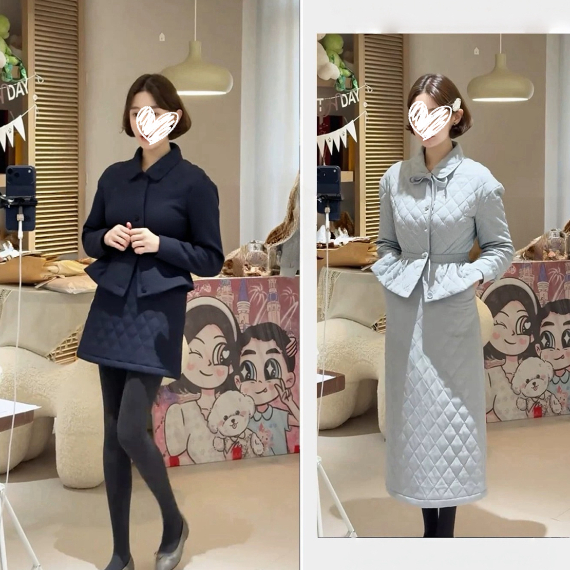 大码胖mm显瘦学院风菱格纹收腰外套+半身裙套装新款时尚百搭