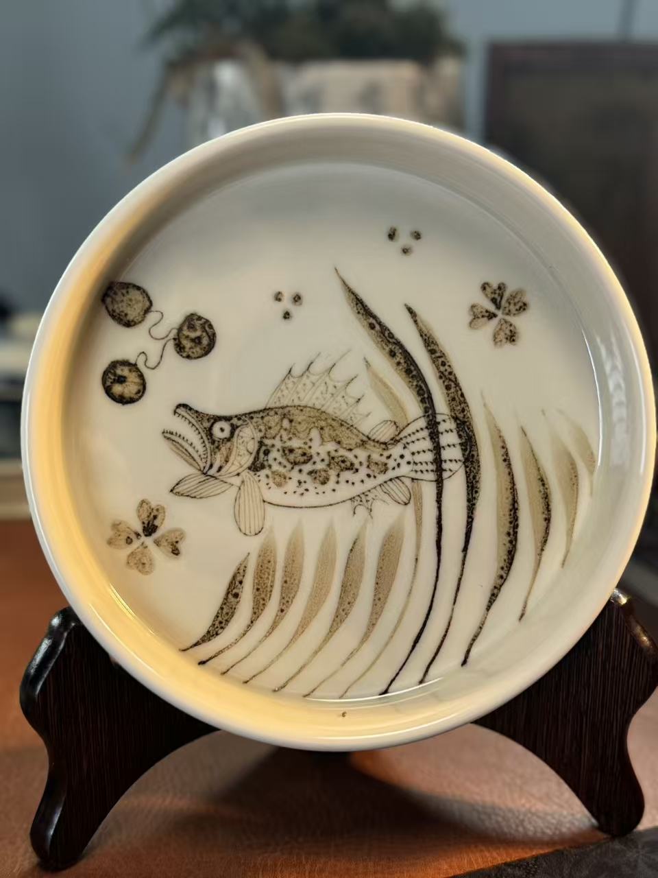 A334【景墨春风】景德镇手工手绘二号釉釉里金单鳜壶承干泡台17cm