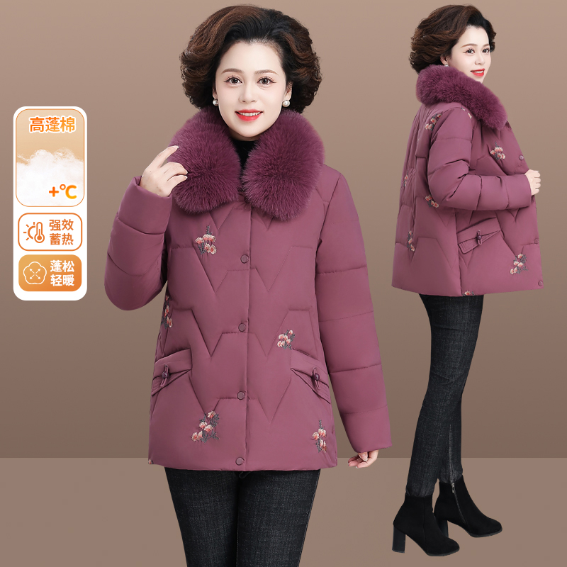 宽松型带毛领民族风中老年女装时尚风常规中长款厚款棉服气质简约