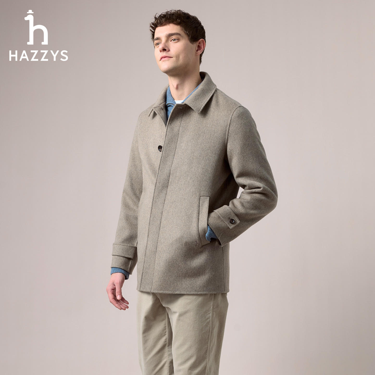 【商场同款】HAZZYS哈吉斯冬季男士羊毛大衣商务时尚休闲毛呢外套