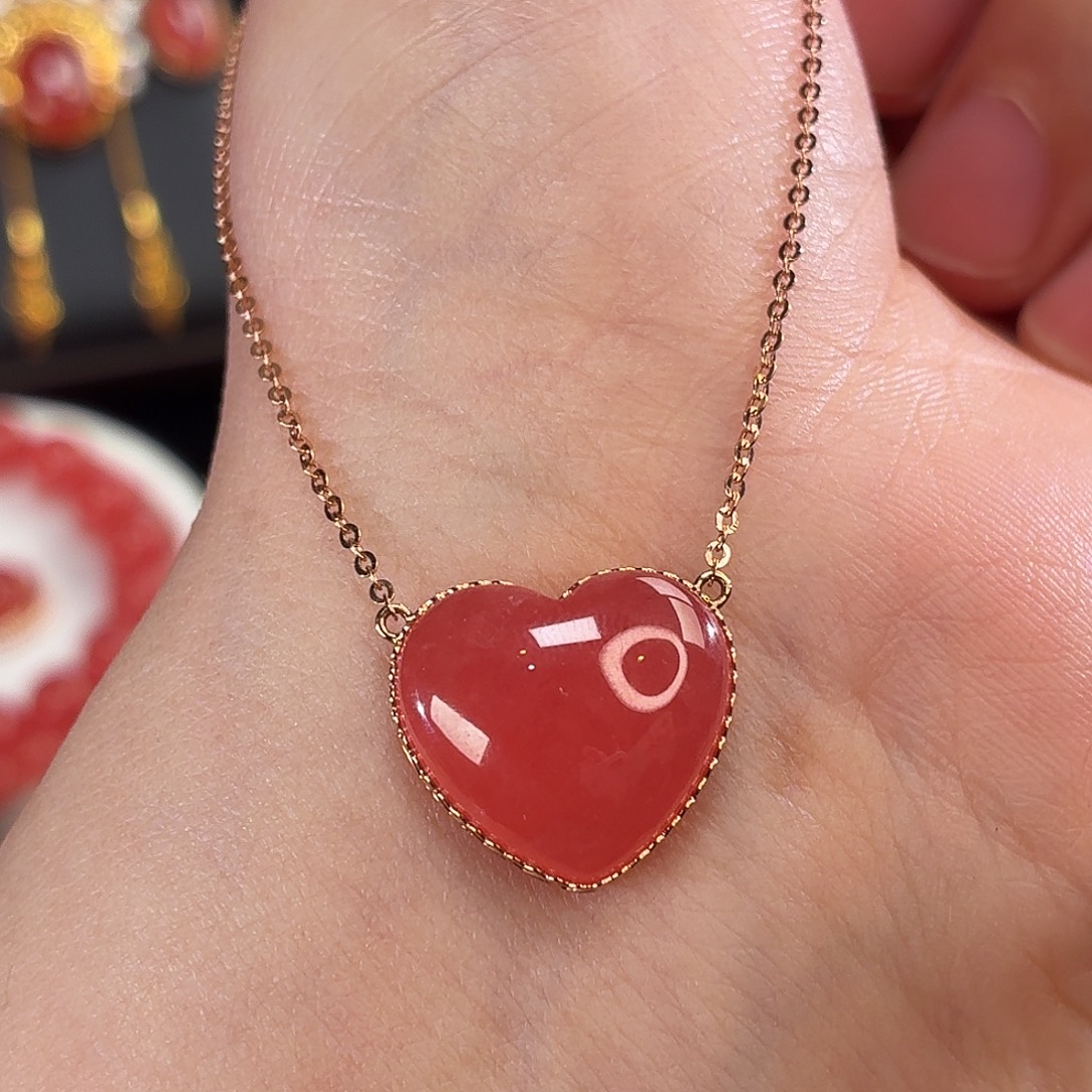 菱锰矿（红纹石）18K金镶嵌项链