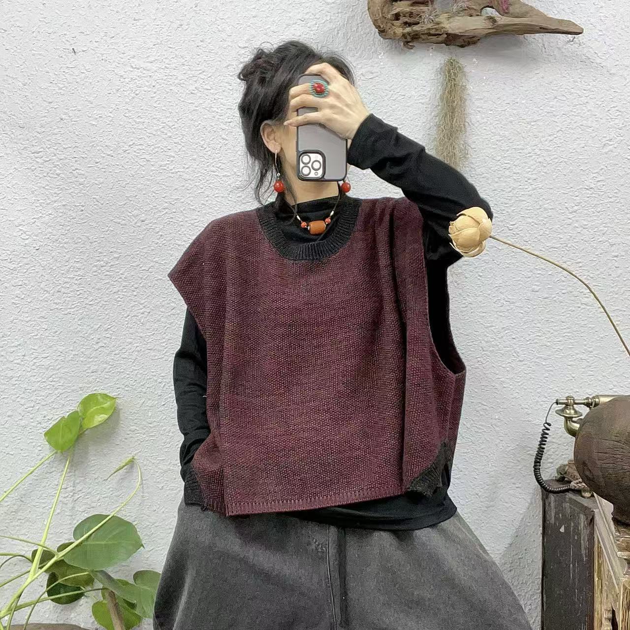 5542棉线领口拼色下摆不规则马甲（长60胸围178