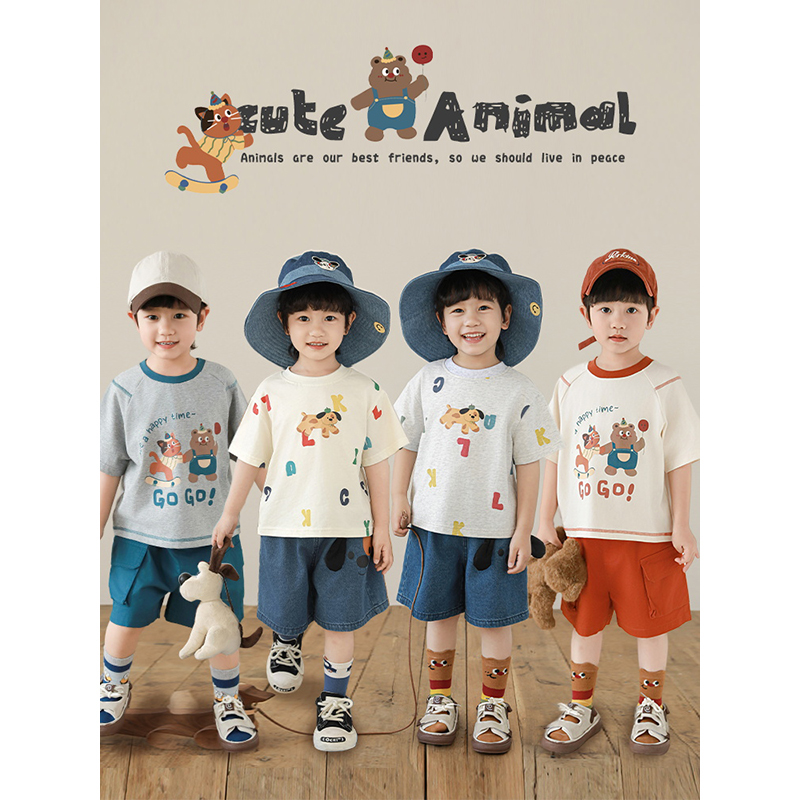 幼悠夏叁波萌宠印花亲肤趣味启蒙课宽松短袖N6008 N6009 N6050