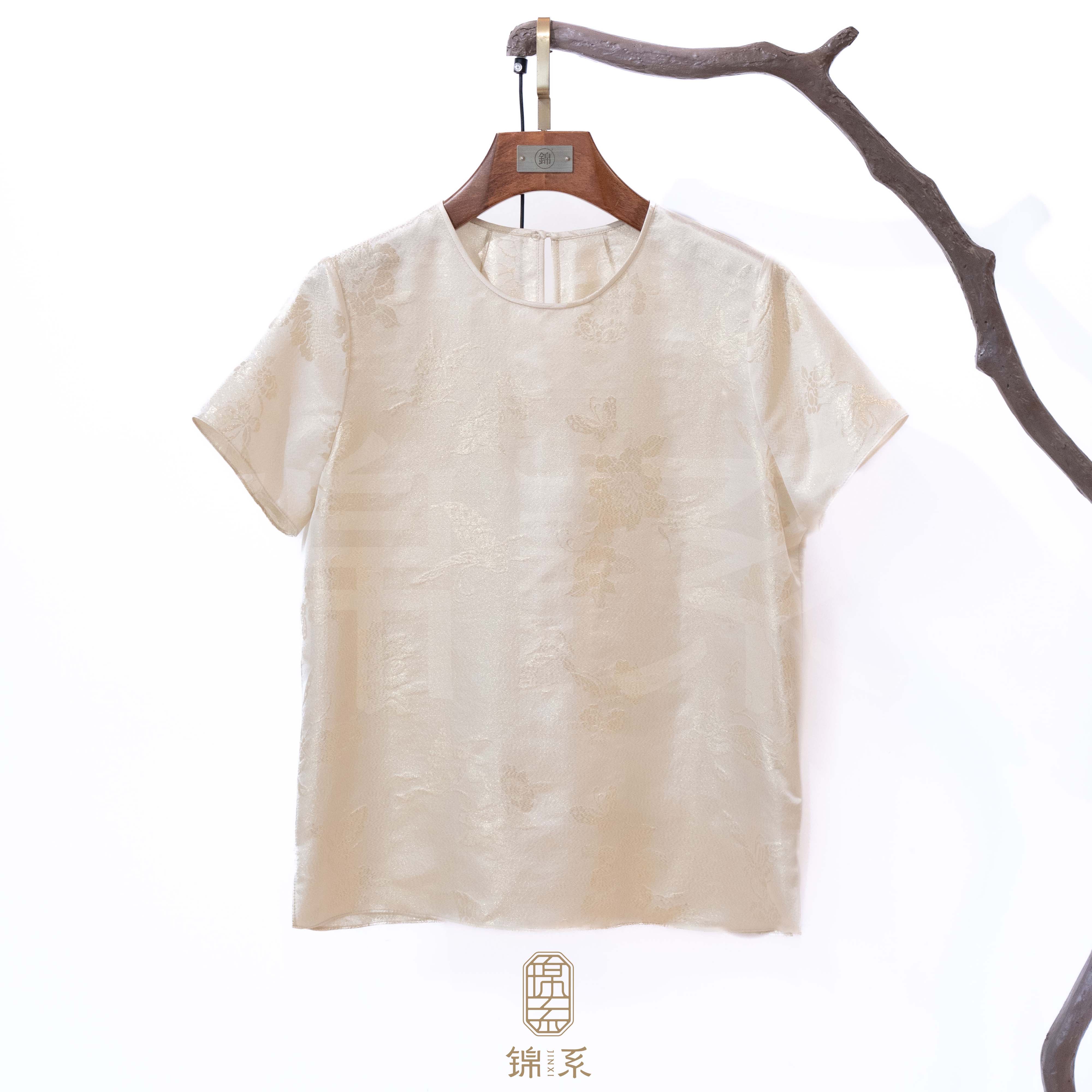 【锦系】真丝金皮新中式国风桑蚕丝圆领短袖上衣C-383029