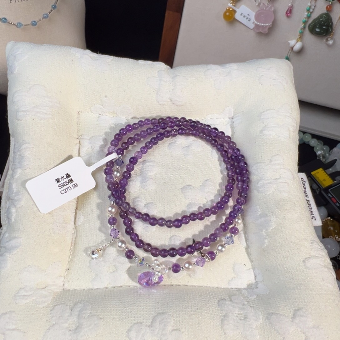 未镶嵌手链烟晶紫水晶三圈925