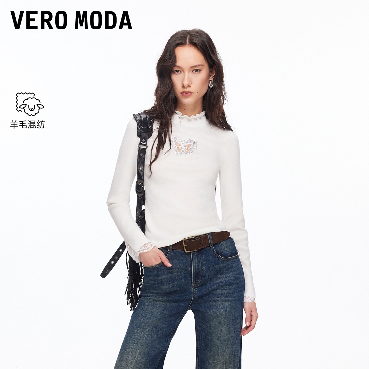 Vero Moda针织衫女【薄翼织梦】蝴蝶花边领口修身上衣326124009