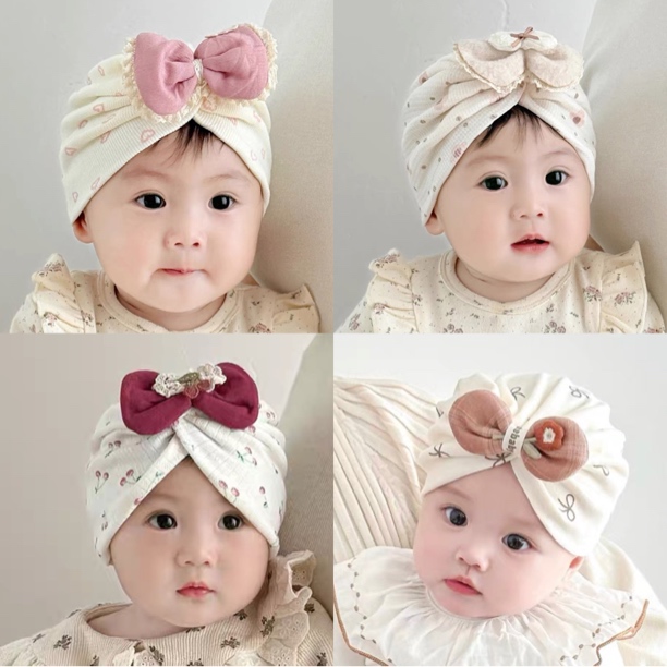 菜菜麻麻秋款新生婴儿可爱蝴蝶结公主印度帽小月龄女宝宝包头帽