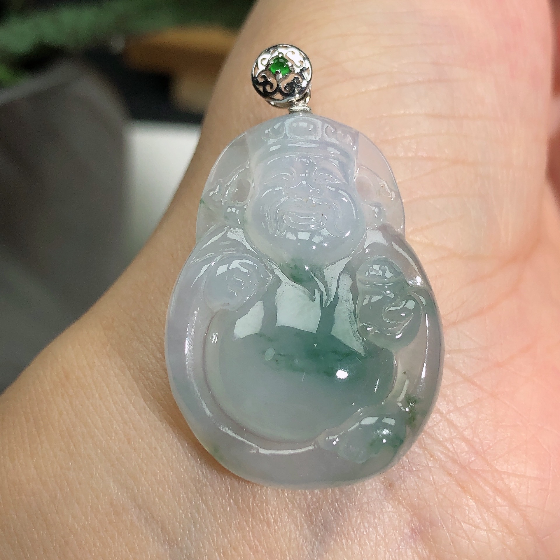 天然缅甸A货翡翠18K金镶老坑冰润冰飘花招米财神爷吊坠30*23*6.2