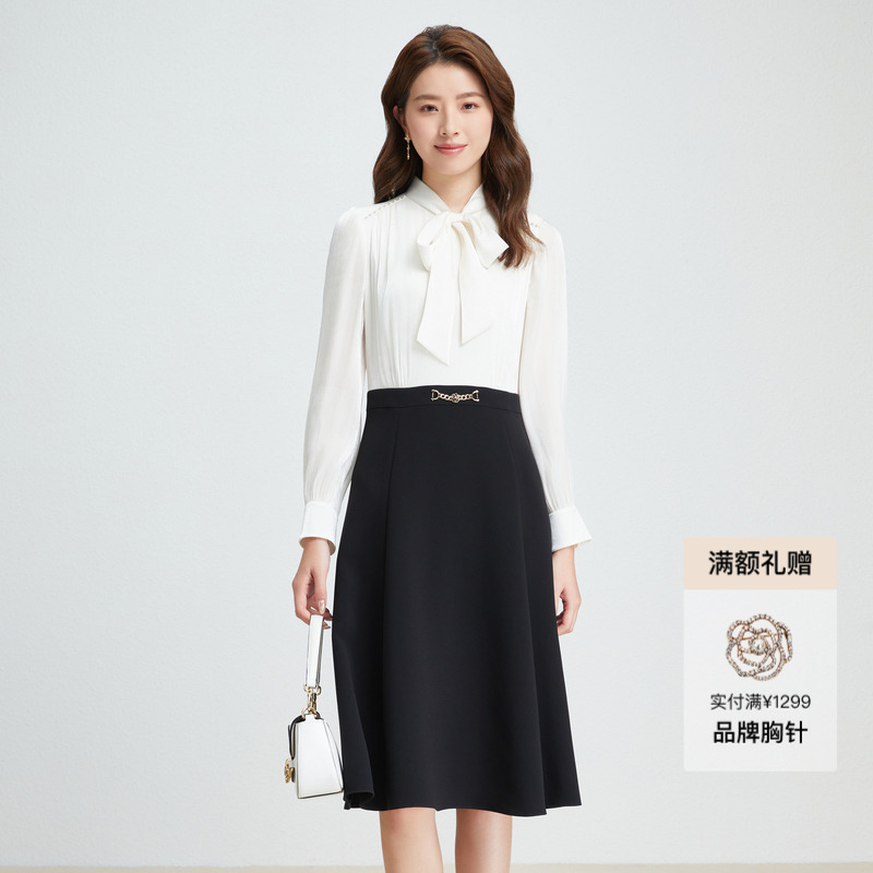 Koradior珂莱蒂尔商场同款假两件蝴蝶结连衣裙女气质温柔风