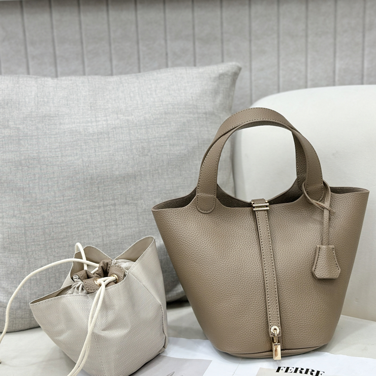 法式水桶包通勤风扣式手提包手拿包单肩轻奢