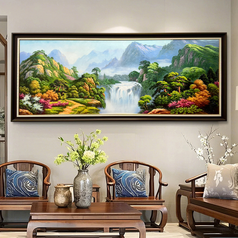 《富水长流》青山绿水聚宝盆山水油画客厅沙发背景墙装饰油画