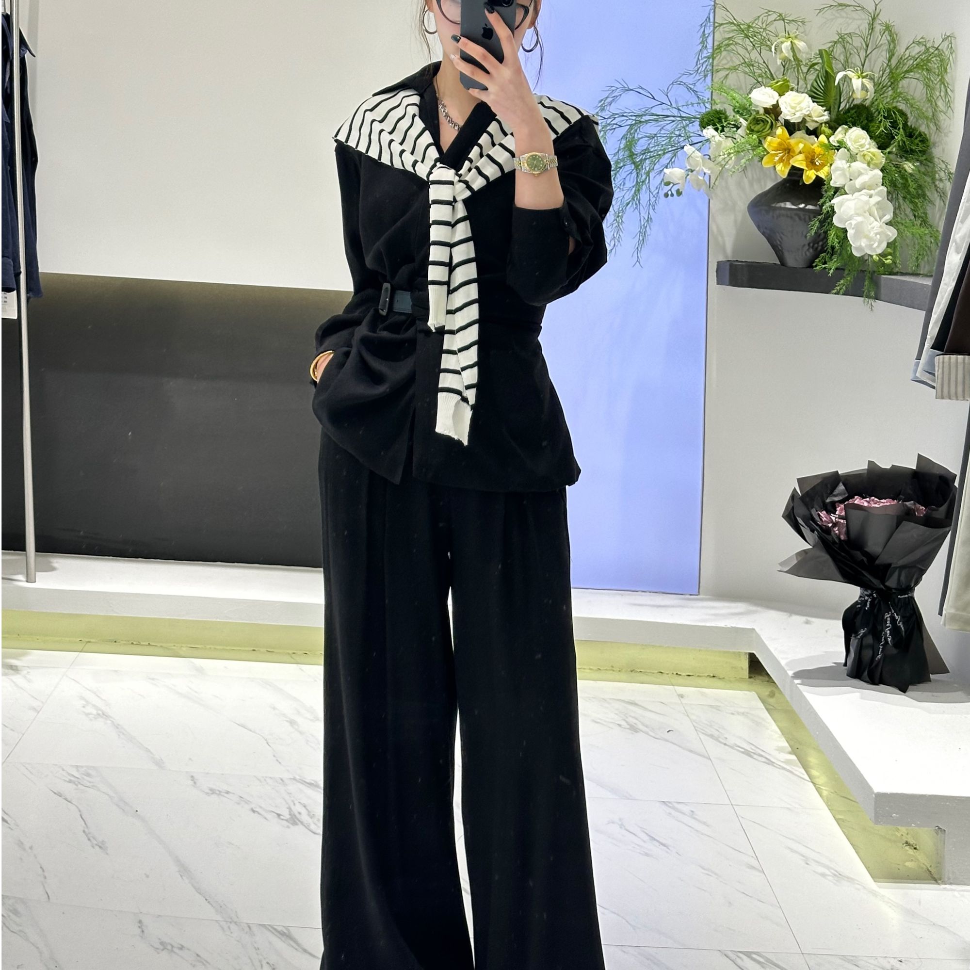 2025春季新款法式褶皱收腰系带长袖衬衫高腰阔腿裤两件套1989