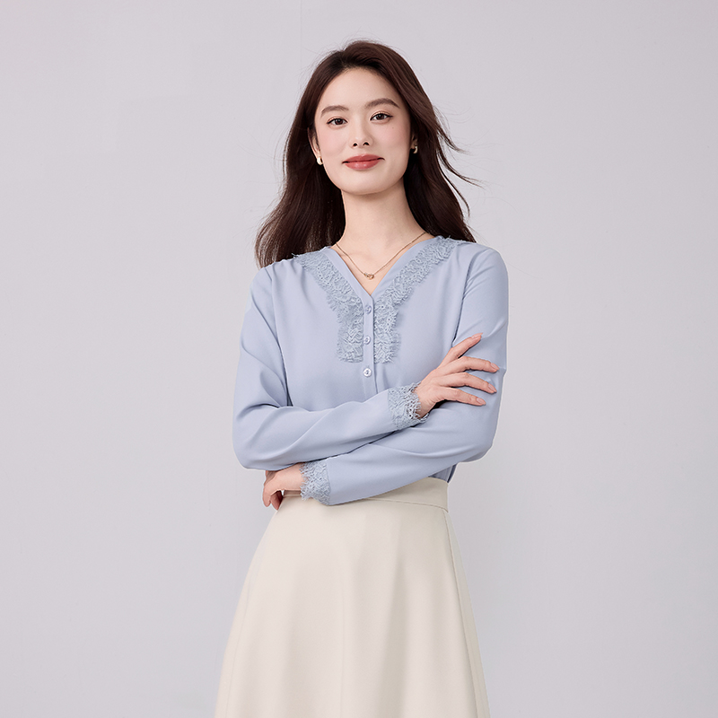 蓝色长袖衬衫女春秋大学生职场V领通勤穿搭伞裙套装雪纺衬衣上衣