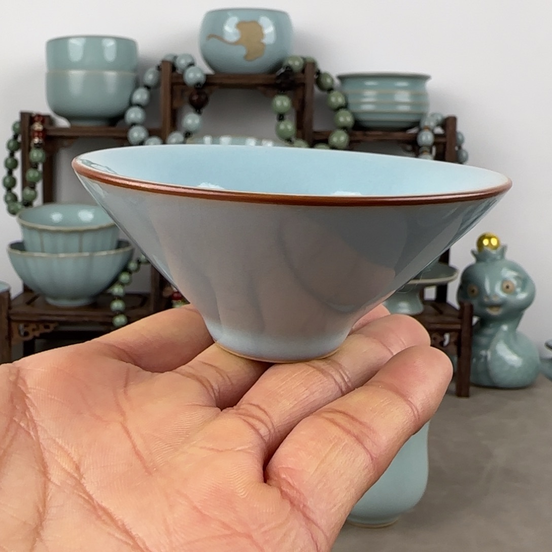 杯子汝瓷斗笠杯圈足烧天青釉
