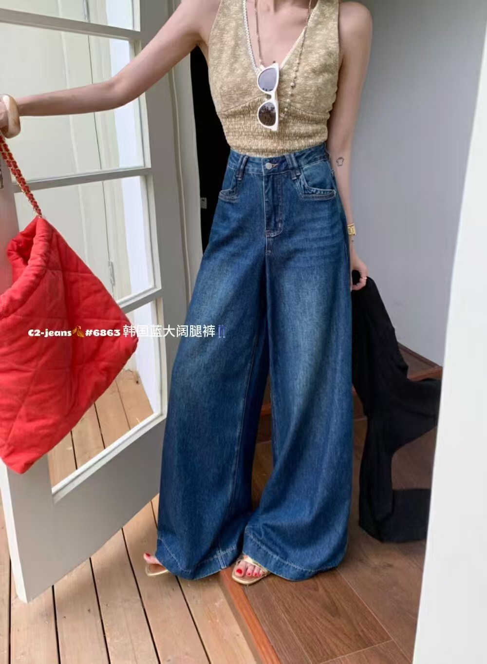 6863复古高腰阔腿牛仔裤女2025秋季韩版宽松显瘦垂感直筒长裤