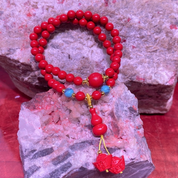 含辰砂工艺品【高含量水飞红砂]小葫芦双圈手串6mm