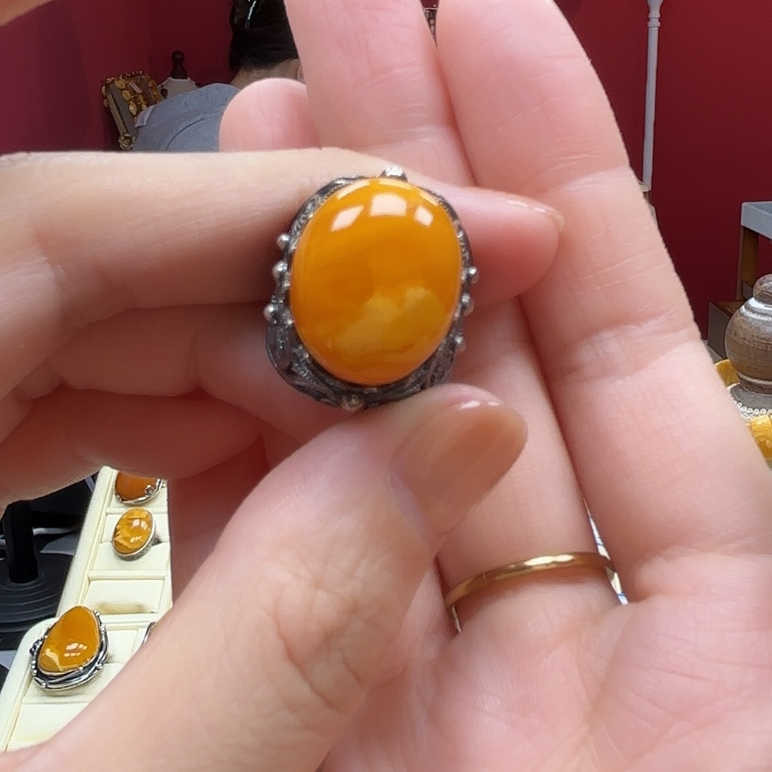 琥珀裸石银S925镶嵌36戒指