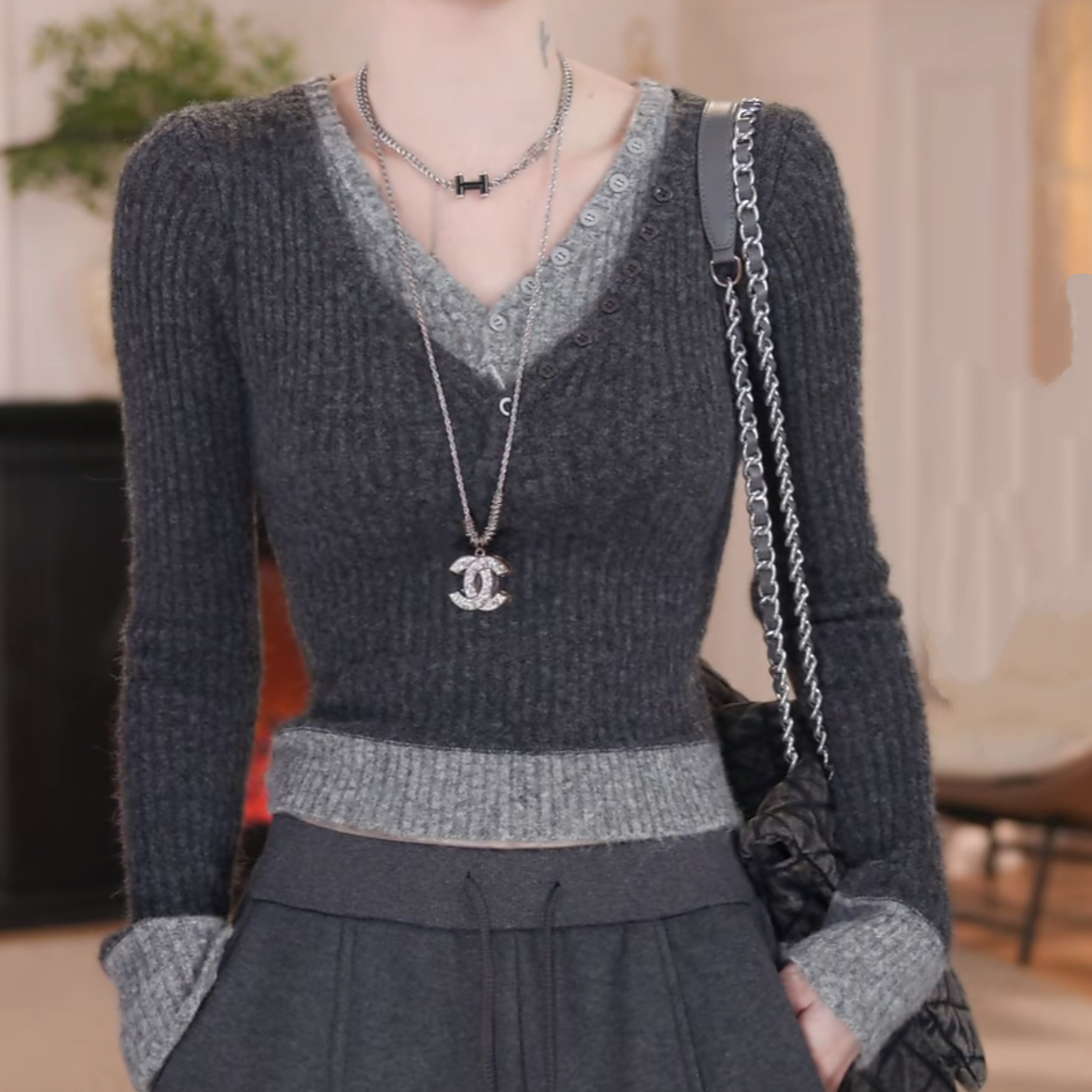 2026时尚新款百搭气质v领假两件针织衫慵懒风套头修身女上衣H3-29