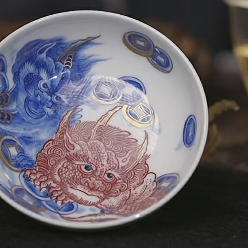 【黄老邪真选】永明尚玩｜青花釉里红描金双狮普洱杯