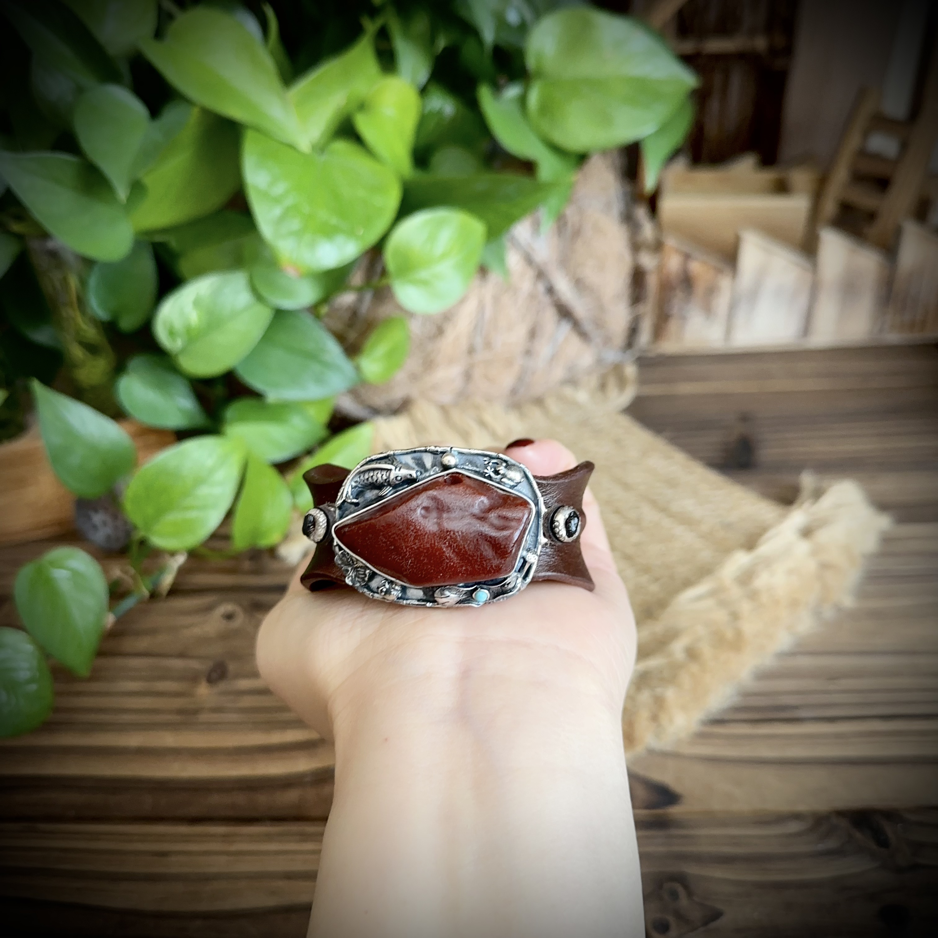 【古香古色】原创复古s925银蜜蜡琥珀皮手镯（开口可调节）