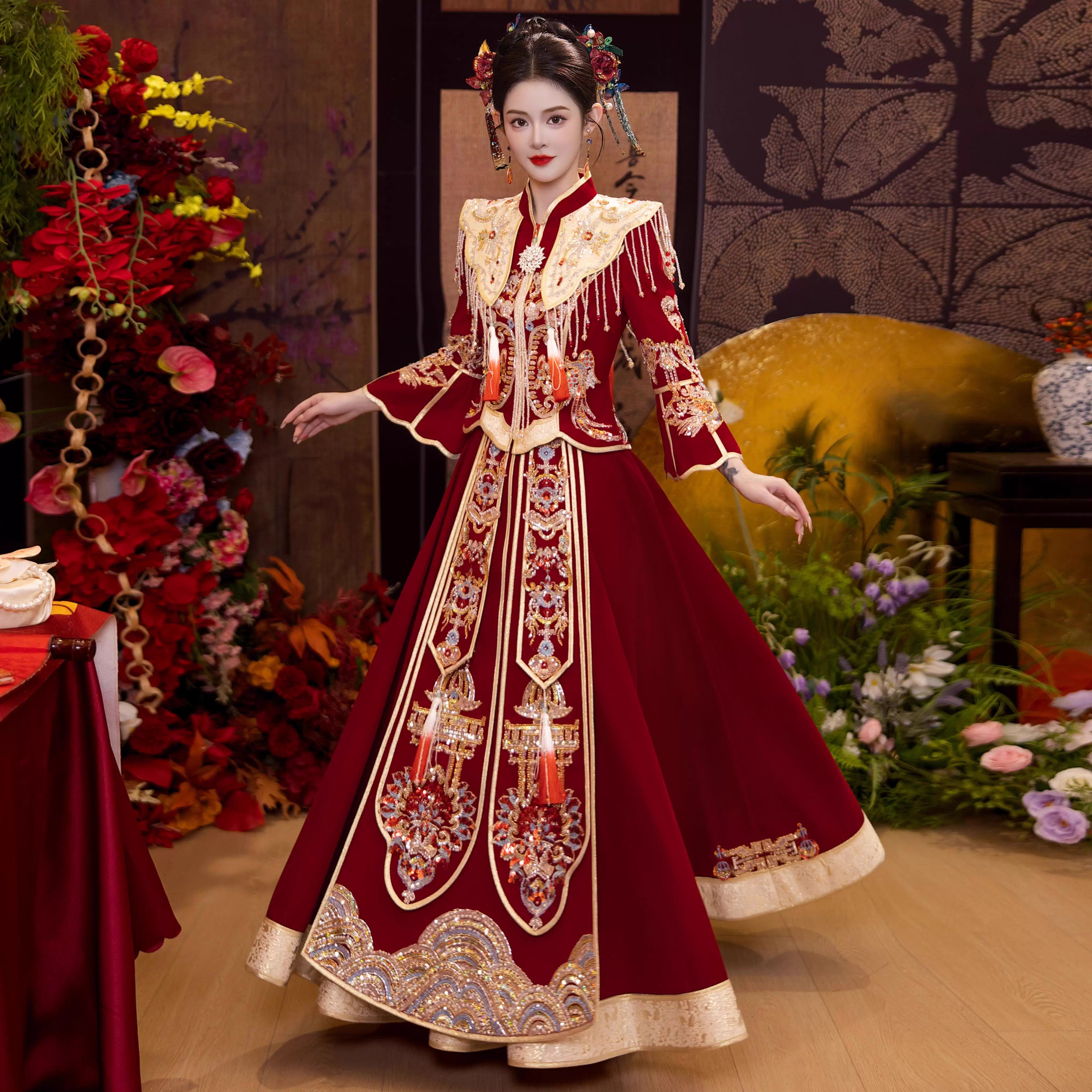 重工秀禾服新娘结婚新款女装2025年新款披肩遮肚显瘦孕妇中式婚服