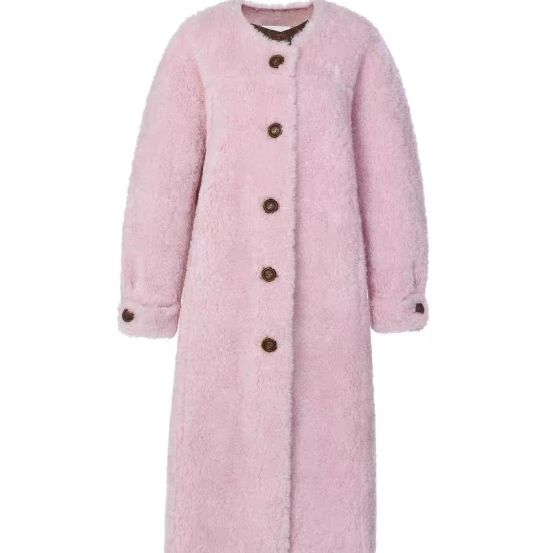 粉色复古名媛胸针长款大衣外套冬季新款