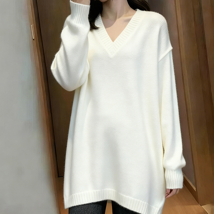 白色慵懒风毛衣女士秋冬减龄宽松显瘦中长款遮屁股内搭针织衫上衣