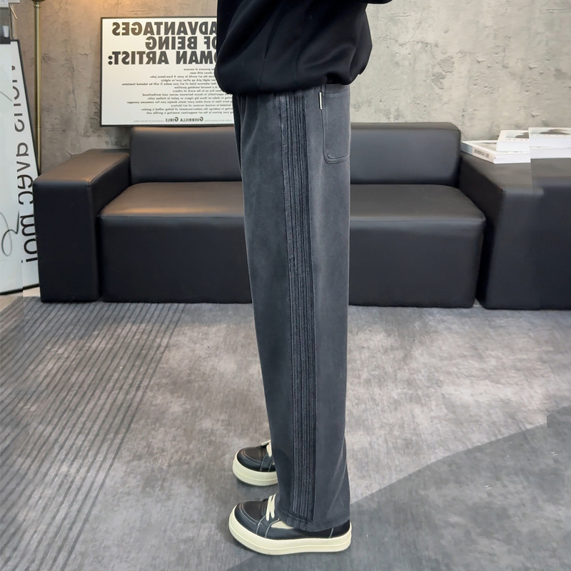 三条杠裤子男款秋冬美式条纹运动卫裤长裤重磅水洗灰男直筒休闲裤