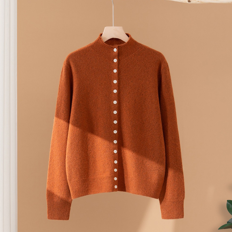 康线花纱白厂丝山羊绒多扣开衫针织气质半高领