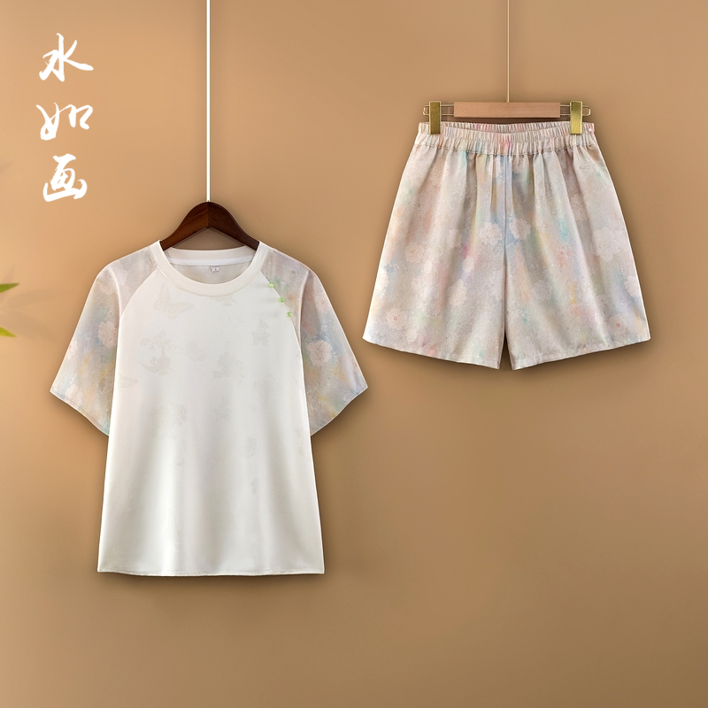 【舒胭】夏季2025新款新中式国风套装女装宽松T恤上衣+短裤两件套