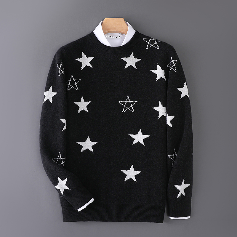 【100%纯羊毛】冬季加厚12针提花男士圆领套头毛衣时尚减龄大码毛衣