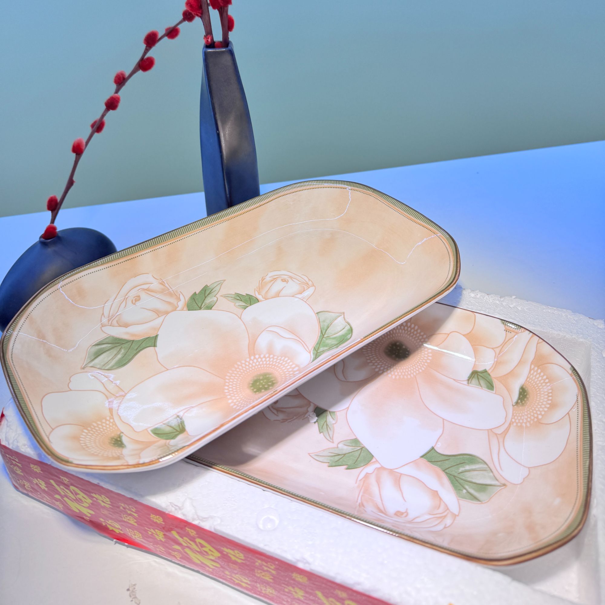 hhj鱼盘陶瓷山茶花