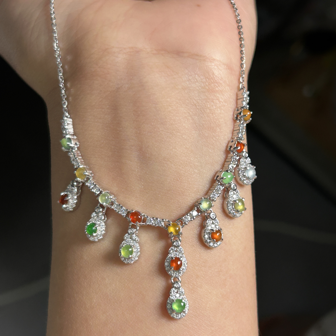 天然缅甸A货翡翠S925银镶嵌彩色多宝套链精美百搭气质时尚轻奢