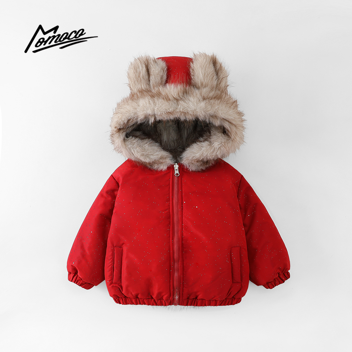 MOMOCO冬季男童喜庆厚款加绒毛边连帽保暖夹棉外套77430107075