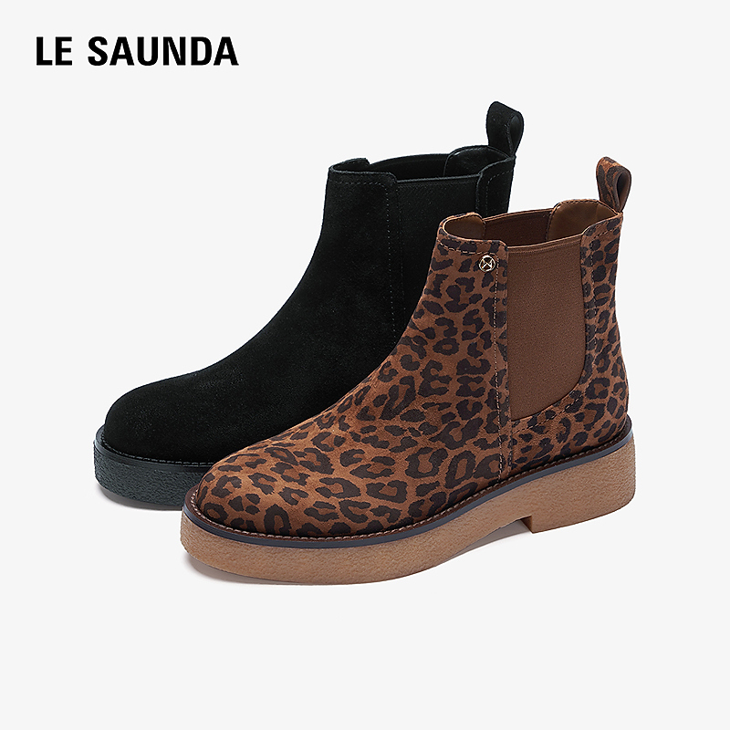 莱尔斯丹2025秋冬新款真皮豹纹通勤复古厚底切尔西短靴子女41901
