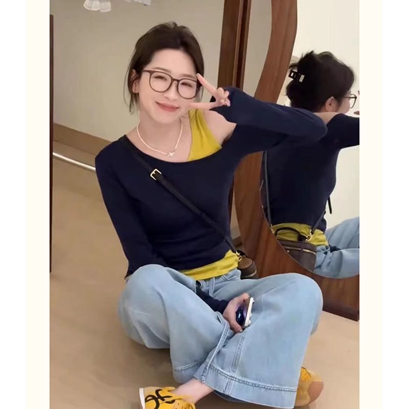 5618韩版撞色假两件露肩长袖T恤女春季新款宽松小个子打底衫上衣