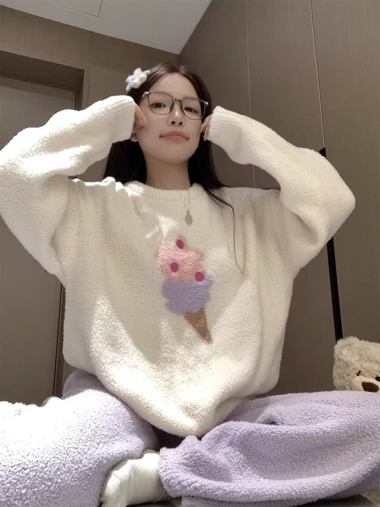 半边绒居家服睡衣套装保暖加绒高档可外穿秋冬服装套头