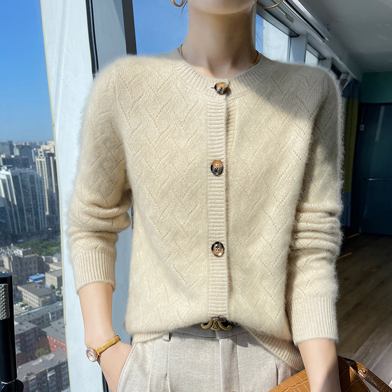 衣锦褧衣~秋冬新款七针菱形格开衫女羊毛衫毛衣圆领百搭时尚保暖