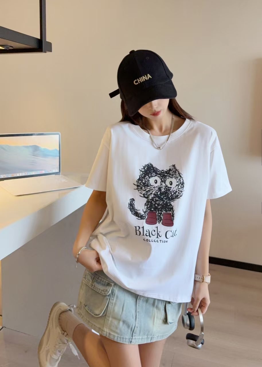 现货～小猫印花款机洗不掉宽松休闲上衣T恤