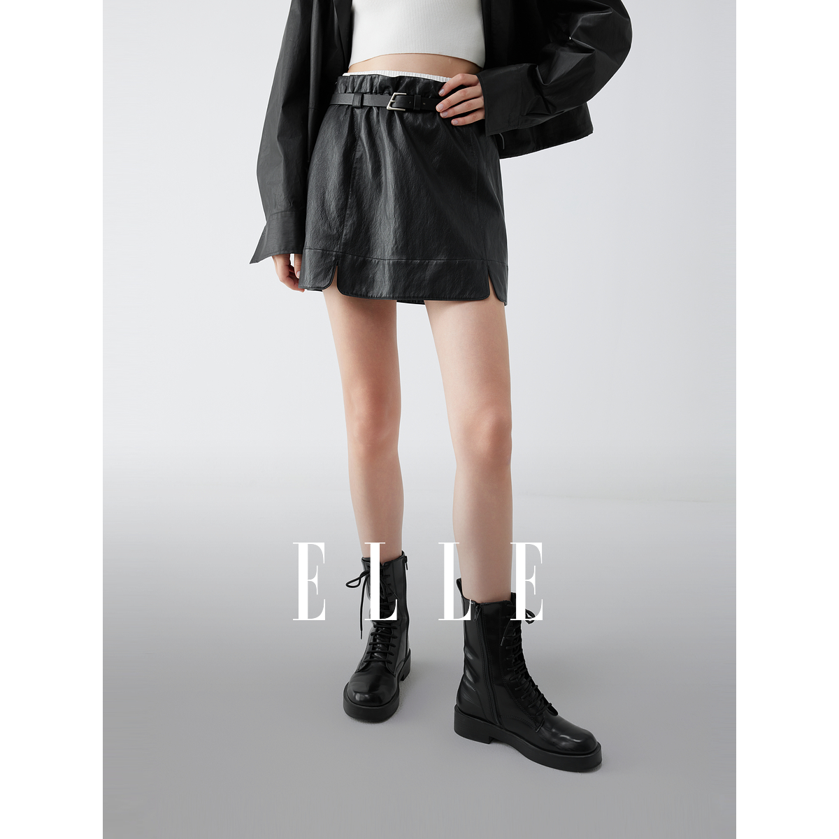 【祝祝同款】ELLE女装半身裙2025秋季新款PU皮通勤短裙皮裙ER52543