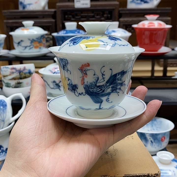 手绘公鸡盖碗160cc釉下彩微瑕福利款