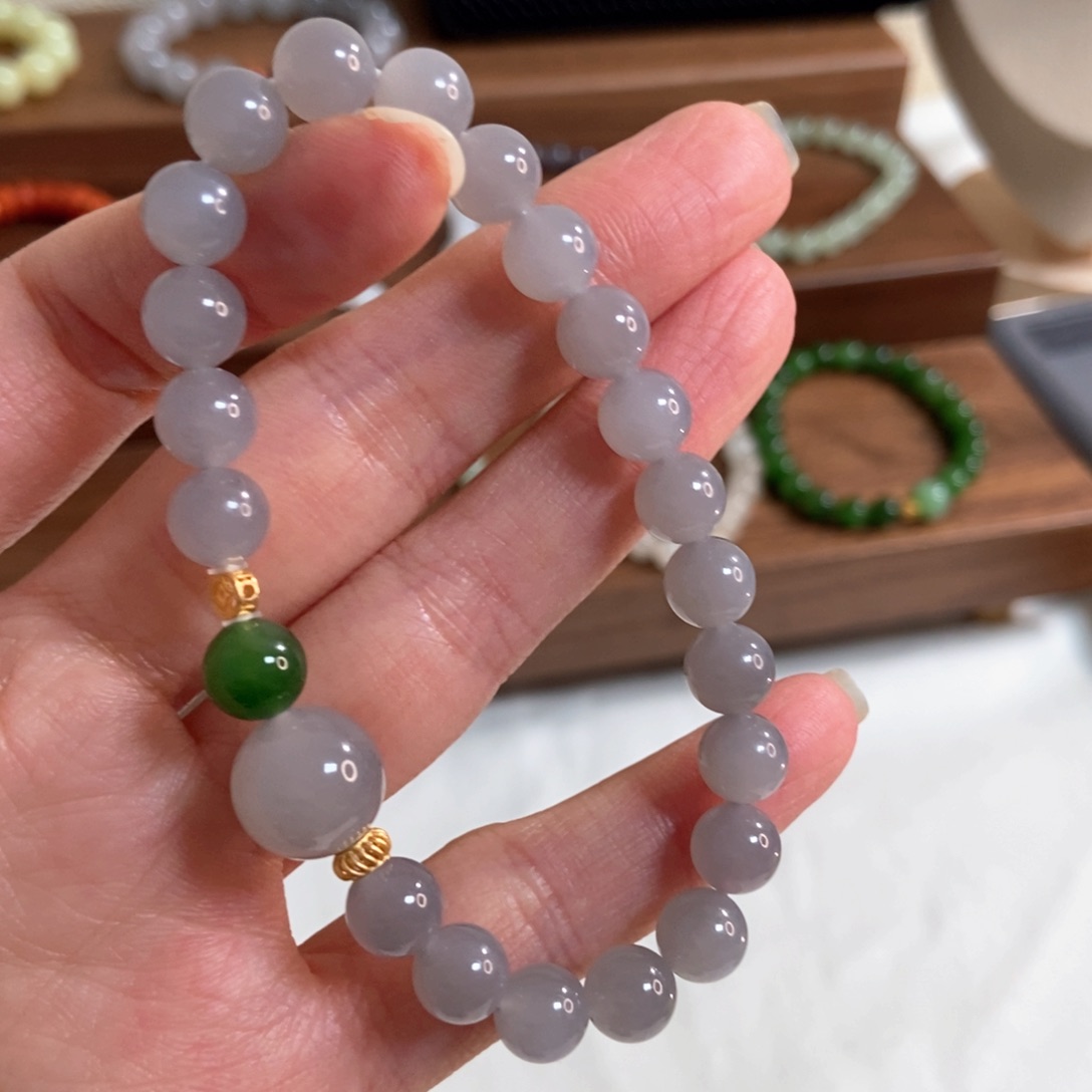 和田玉手链银S925镶嵌8mm冰烟紫莫兰迪