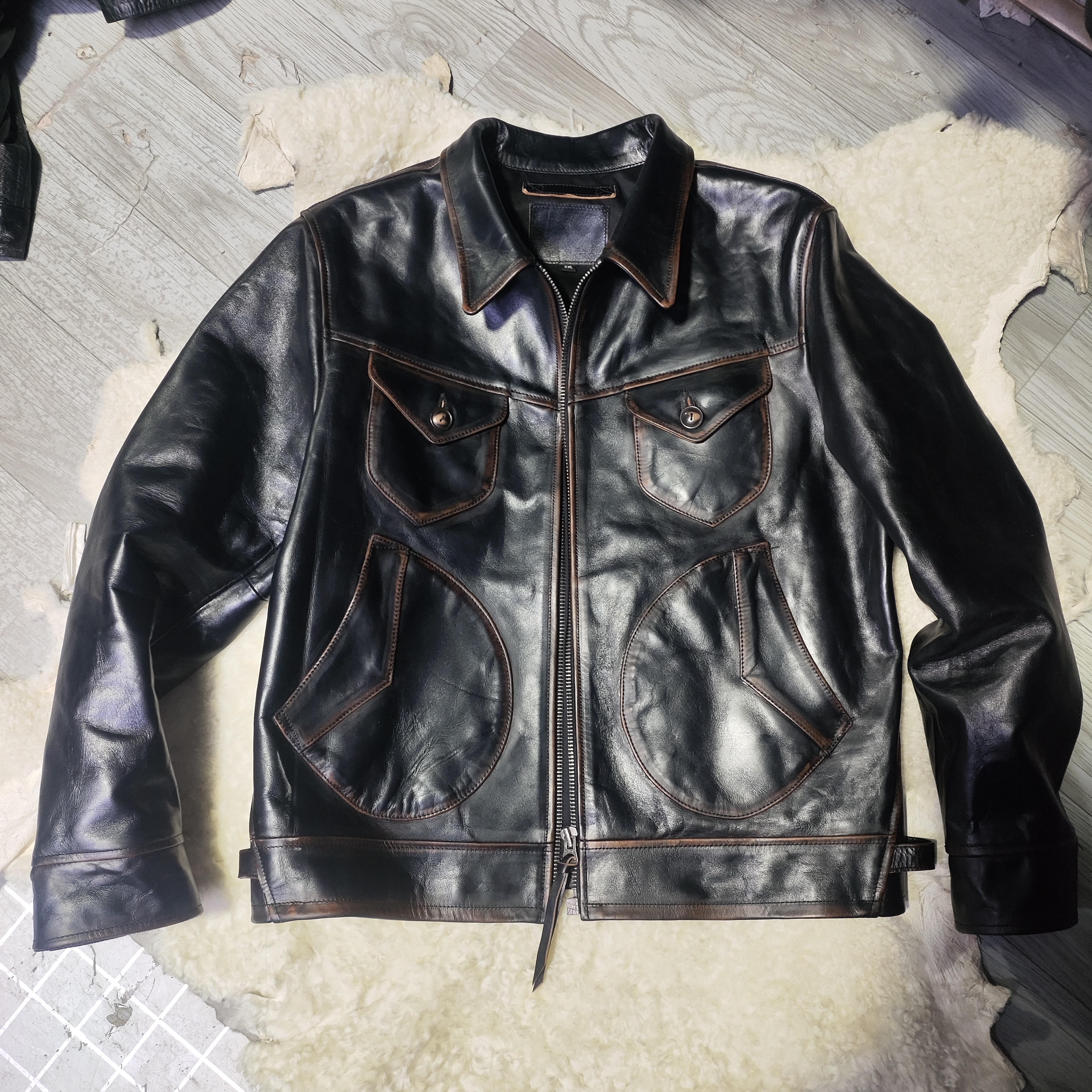 茶芯做旧马皮门多萨翻领短款修身复古男士皮夹克皮衣默认黑色