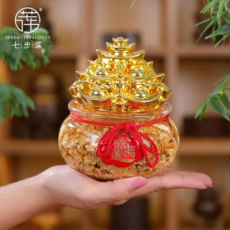 七步莲金箔聚宝盆带底座摆件家居家用室内卧室聚米盆工艺品吉祥物