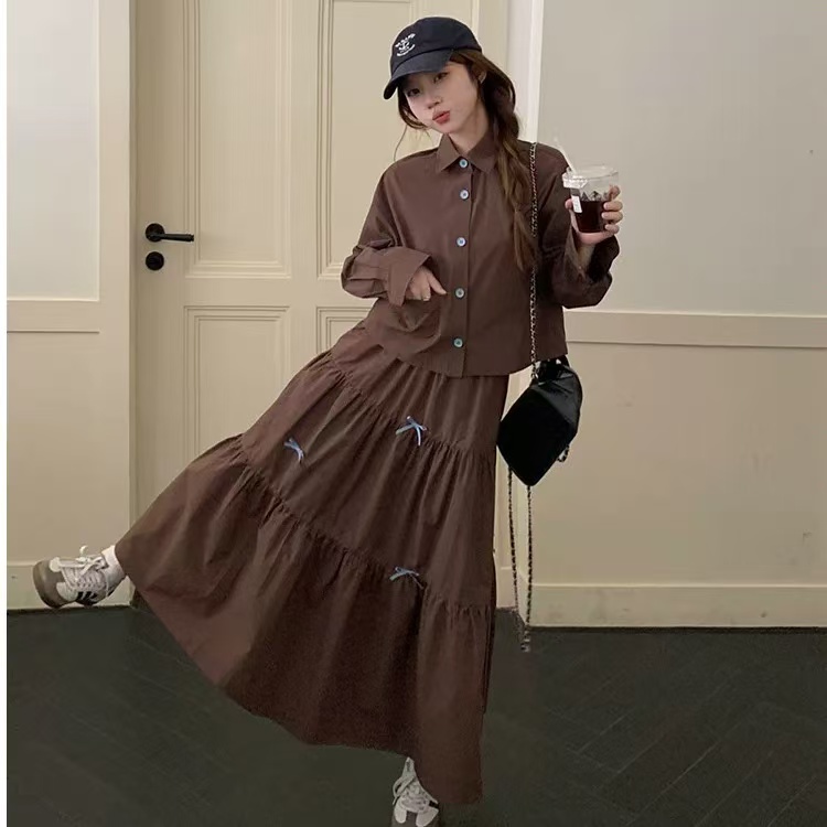 【胖小欢】显瘦气质长袖时尚复古法式收腰中长款套装