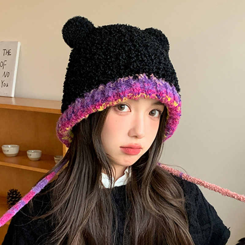 头巾帽街头风帽子可爱针织保暖帽紫色网红加绒时尚