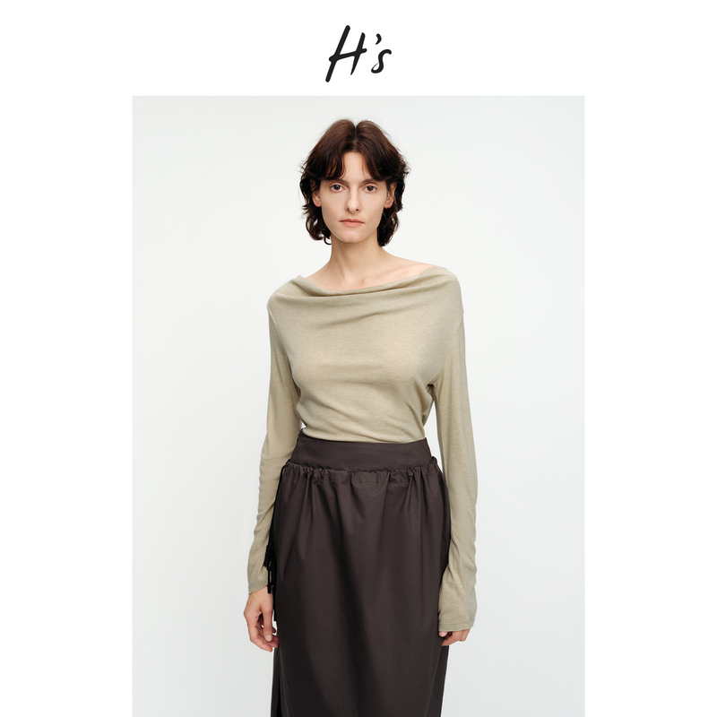 【秋上新】H'S莱赛尔T恤女25秋新款收腰荡领内搭显瘦打底衫长袖上衣
