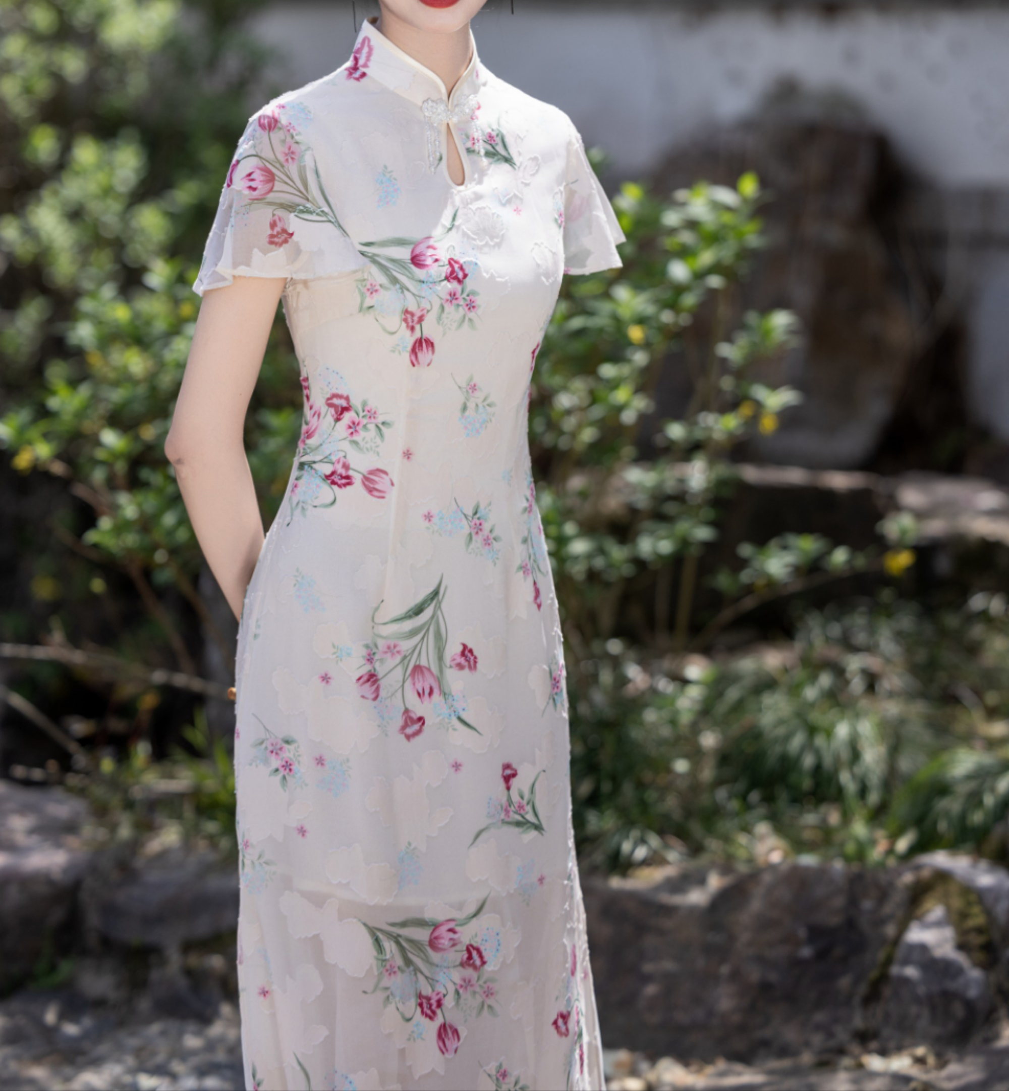 低开衩薄款拼接短袖长旗袍旗袍少女（欧根纱水滴领）