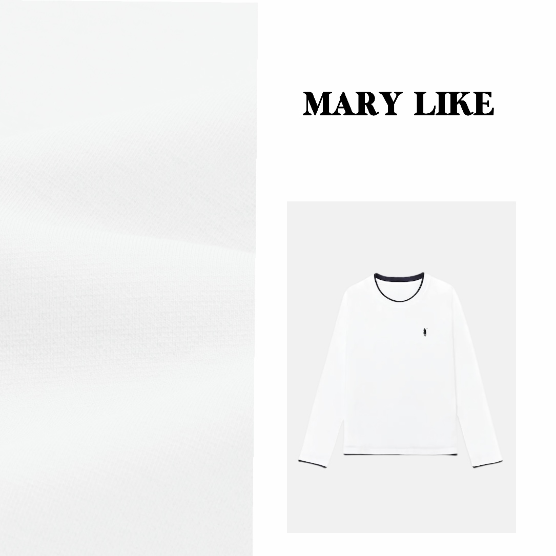 【MARRY】小马刺绣时尚简约风格拼接圆领精致百搭纯色长袖上衣